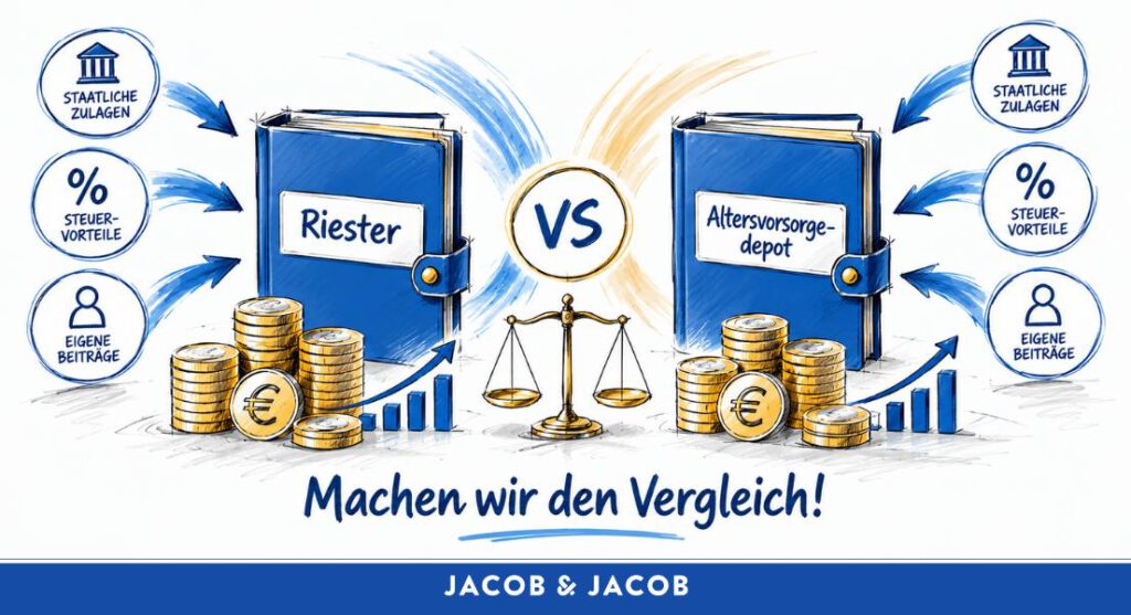 Illustration zum Vergleich von Riester und Altersvorsorgedepot mit Zulagen, Steuervorteilen und eigenen Beiträgen.